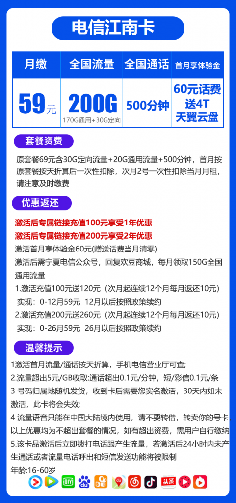 电信江南卡 59元包170G通用+30G定向+500分钟通话