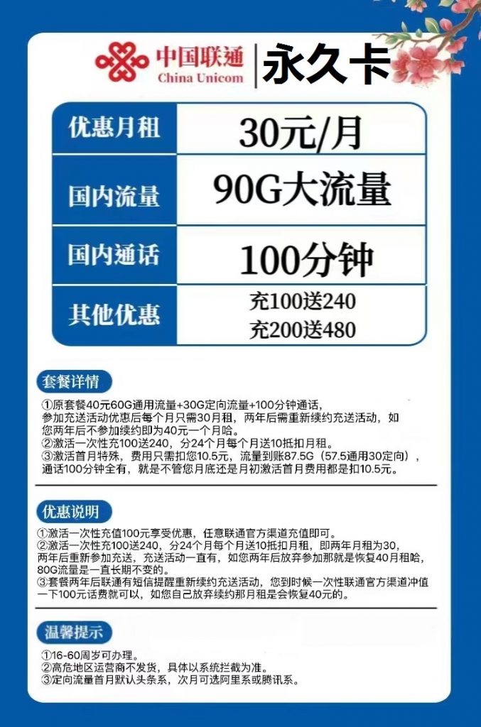 联通锦鲤卡,永久卡 30元月租包90G流量+100分钟通话