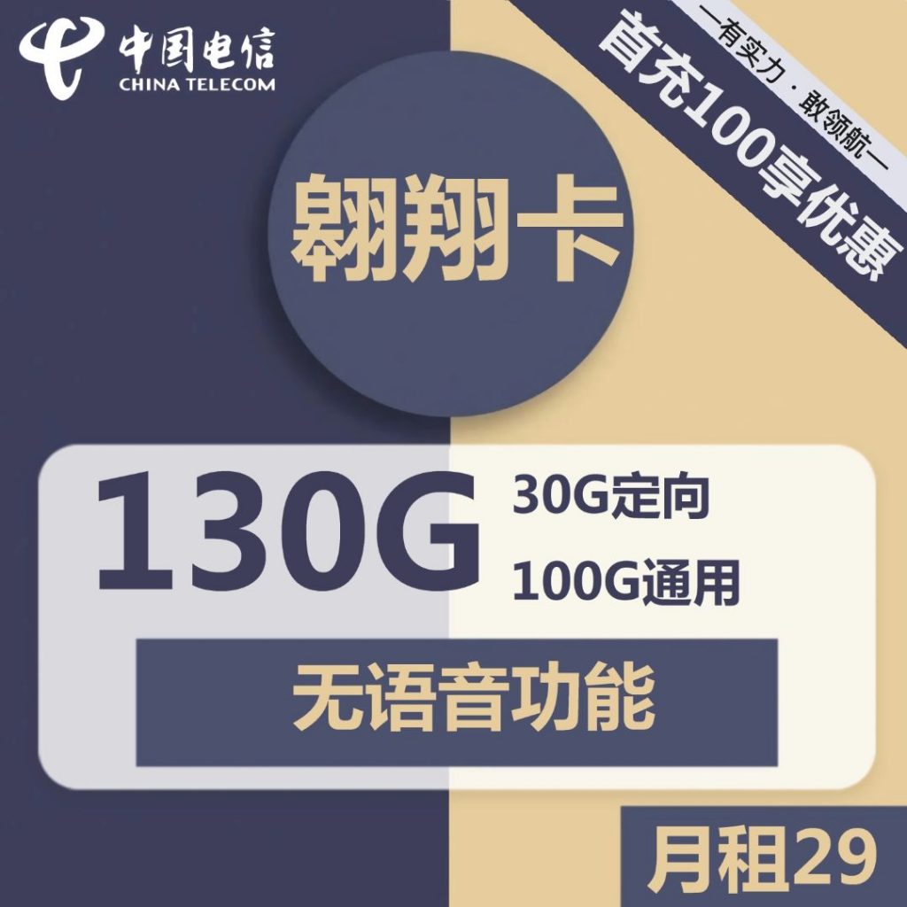 电信翱翔卡29元包100G通用+30G定向+无语音功能