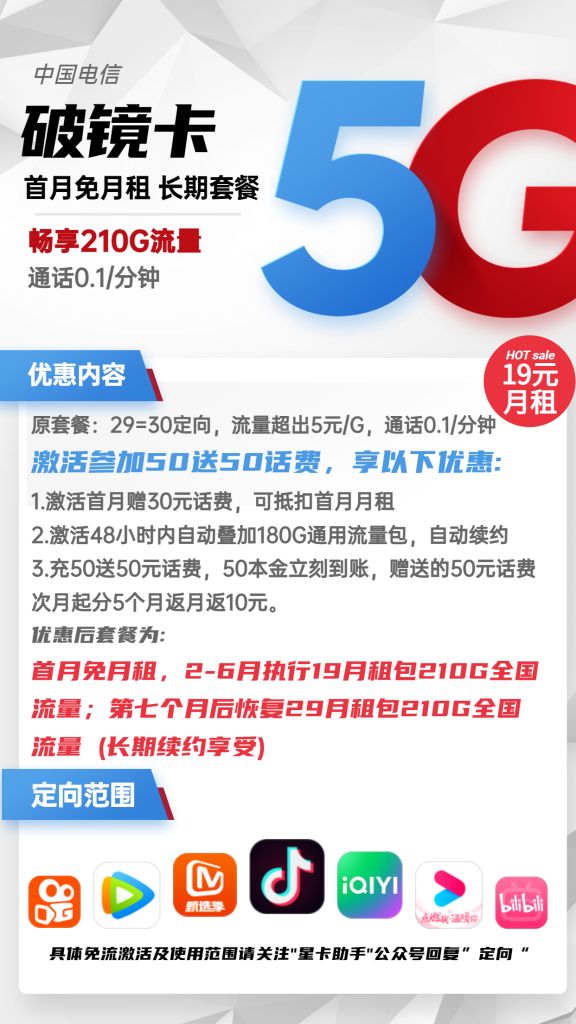 电信破镜卡19元包180G通用+30G定向+通话0.1元/分钟