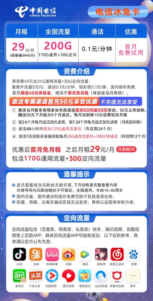 电信冰兔卡29元包170G通用+30G定向+100分钟通话