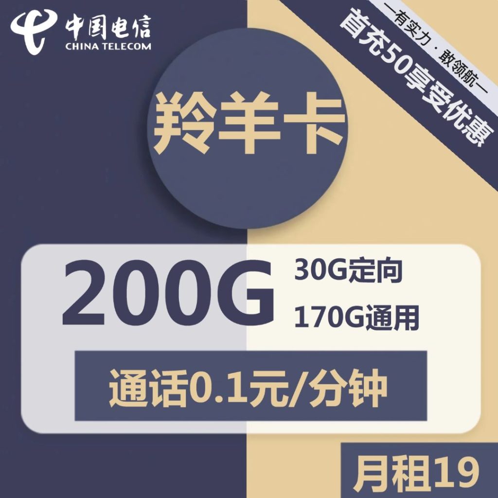 电信羚羊卡19元包170G通用+30G定向+通话0.1元/分钟