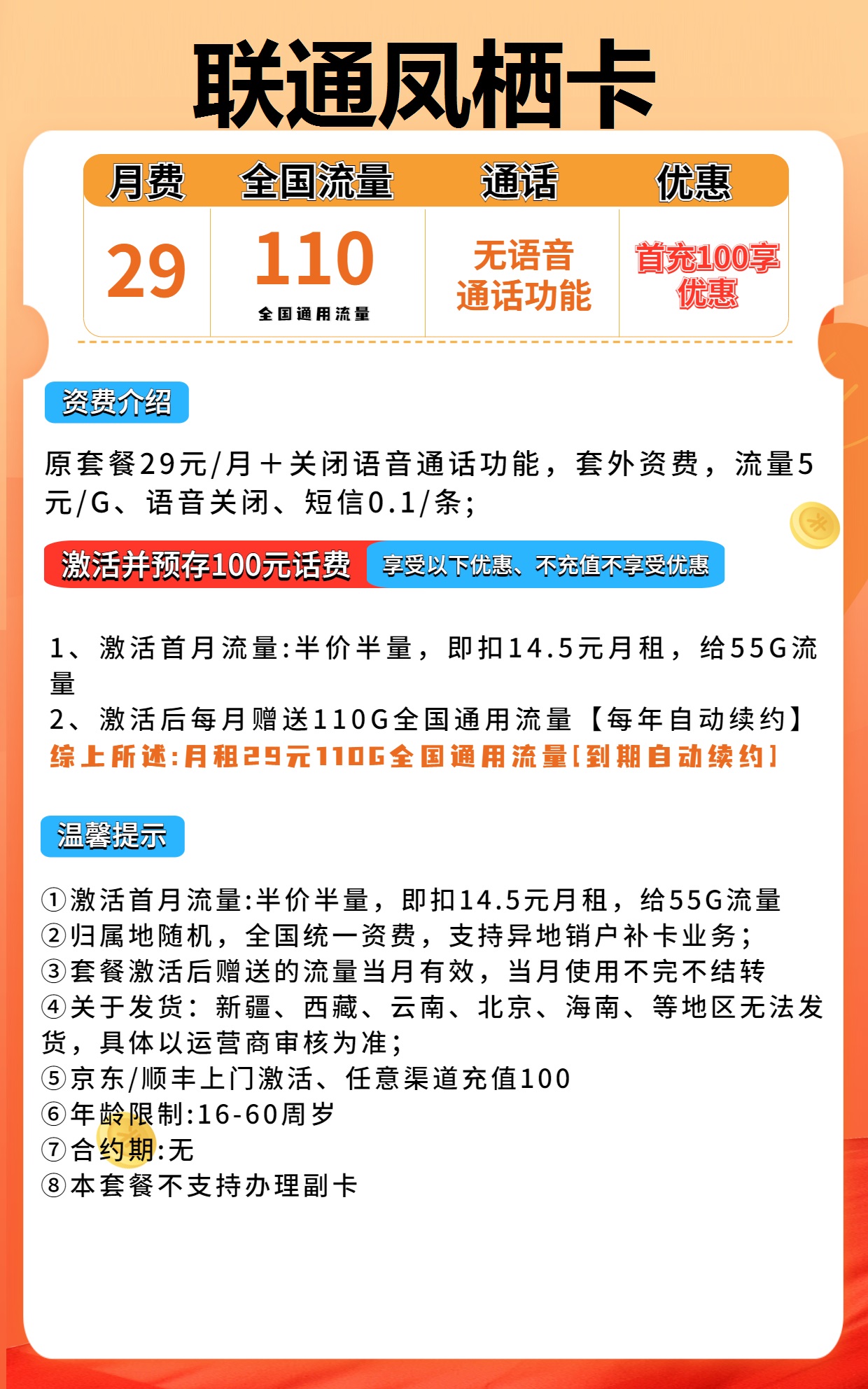 联通凤栖卡29元包110G通用+无语音功能