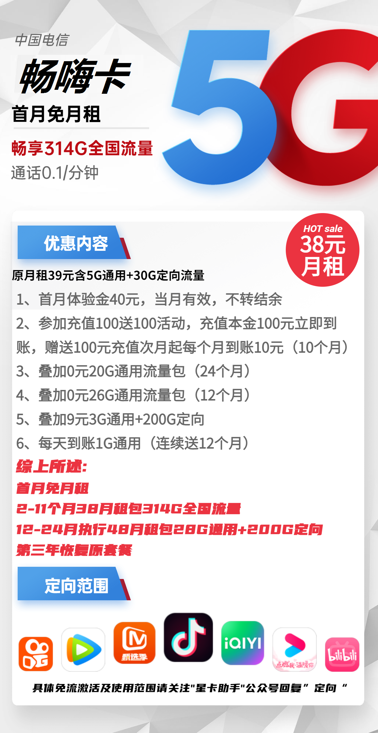 电信畅嗨卡38元包84G通用+230G定向+通话0.1元/分钟