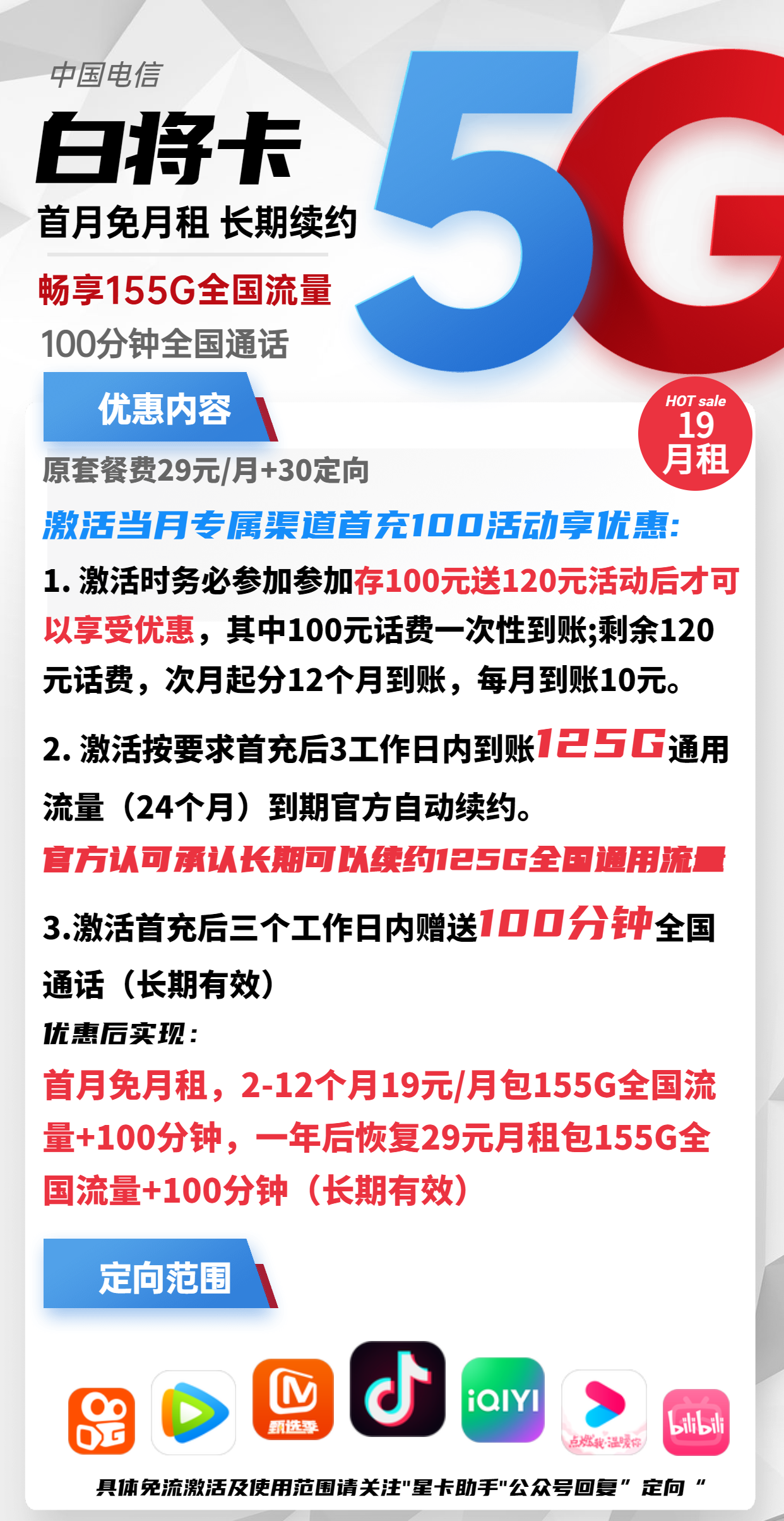 电信白将卡19元包125G通用+30G定向+100分钟通话