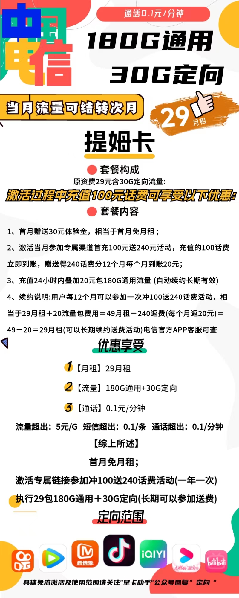 电信提姆卡29元包180G通用+30G定向+通话0.1元/分钟