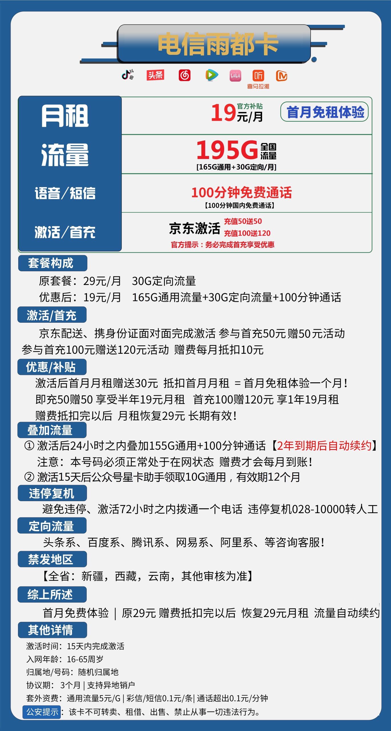 电信雨都卡19元包165G通用+30G定向+100分钟通话