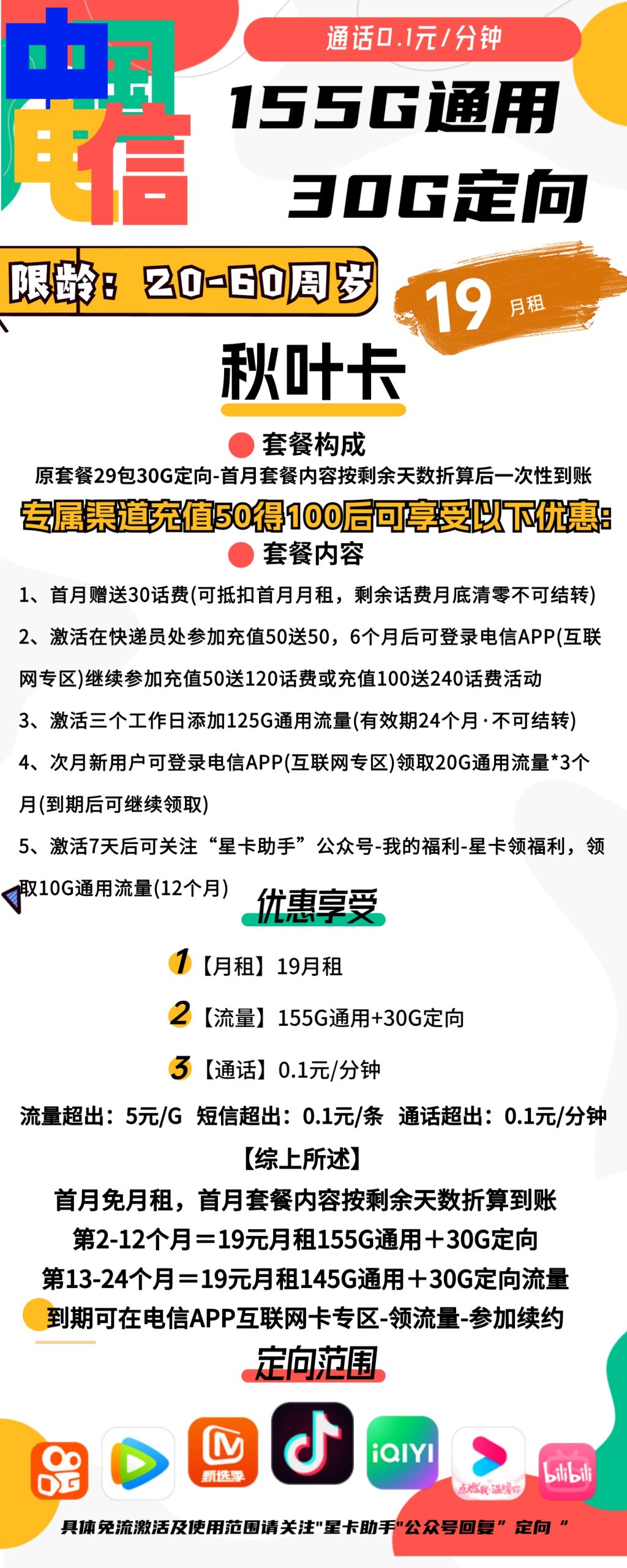 电信秋叶卡19元包155G通用+30G定向+通话0.1元/分钟