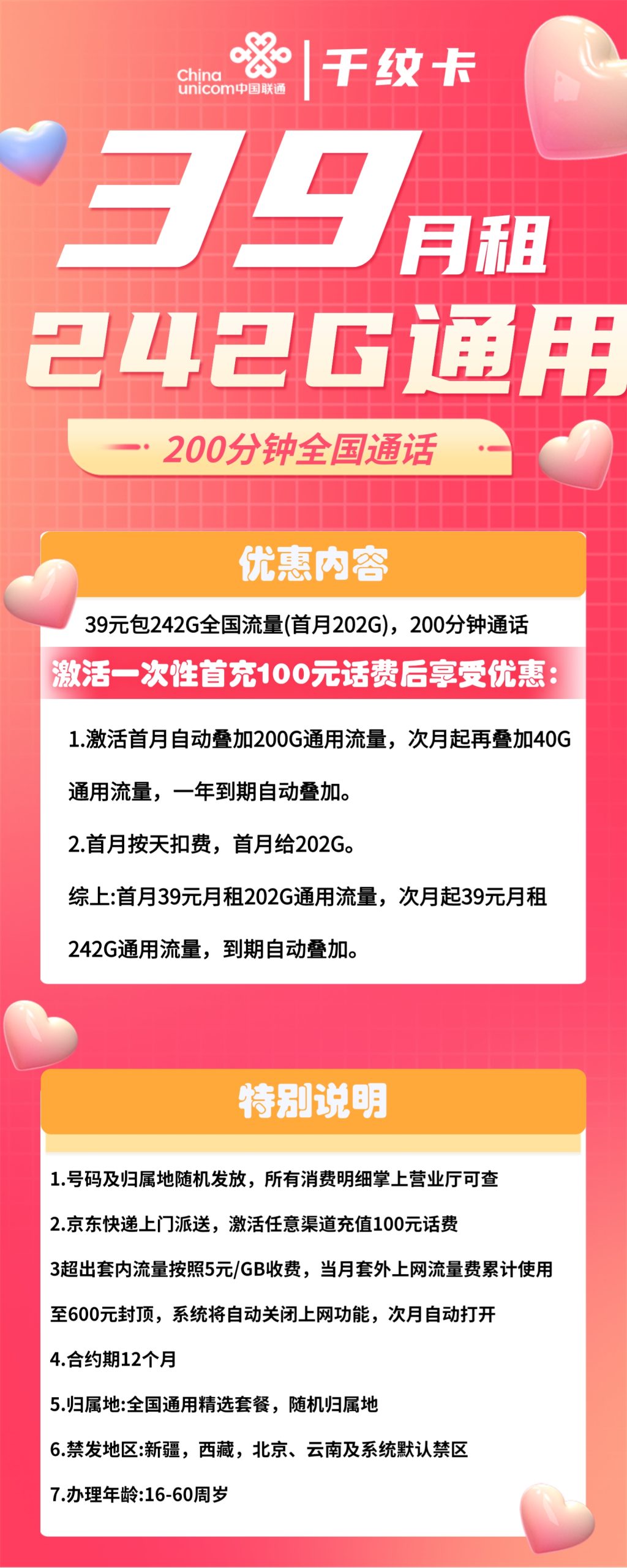 联通千纹卡39元包242G通用+200分钟通话