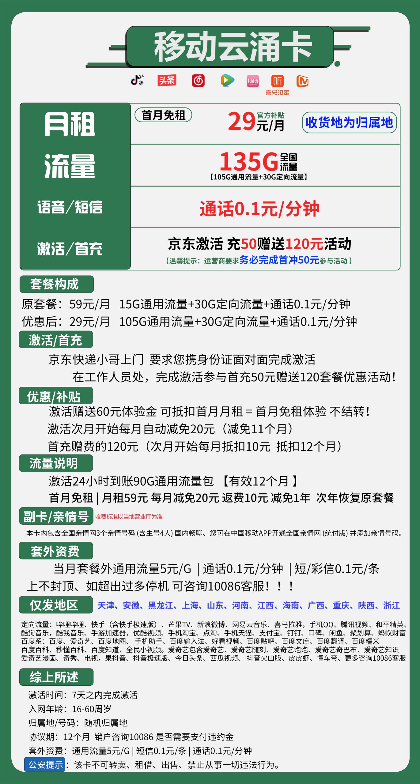 移动云涌卡29元包105G通用+30G定向+通话0.1元/分钟