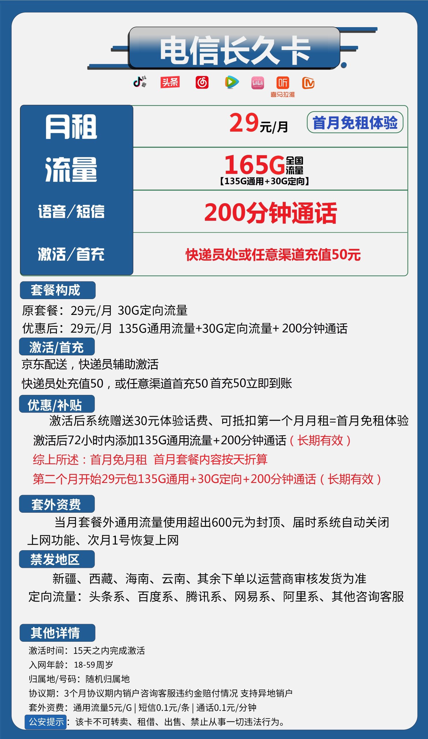 电信长久卡29元包135G通用+30G定向+200分钟通话