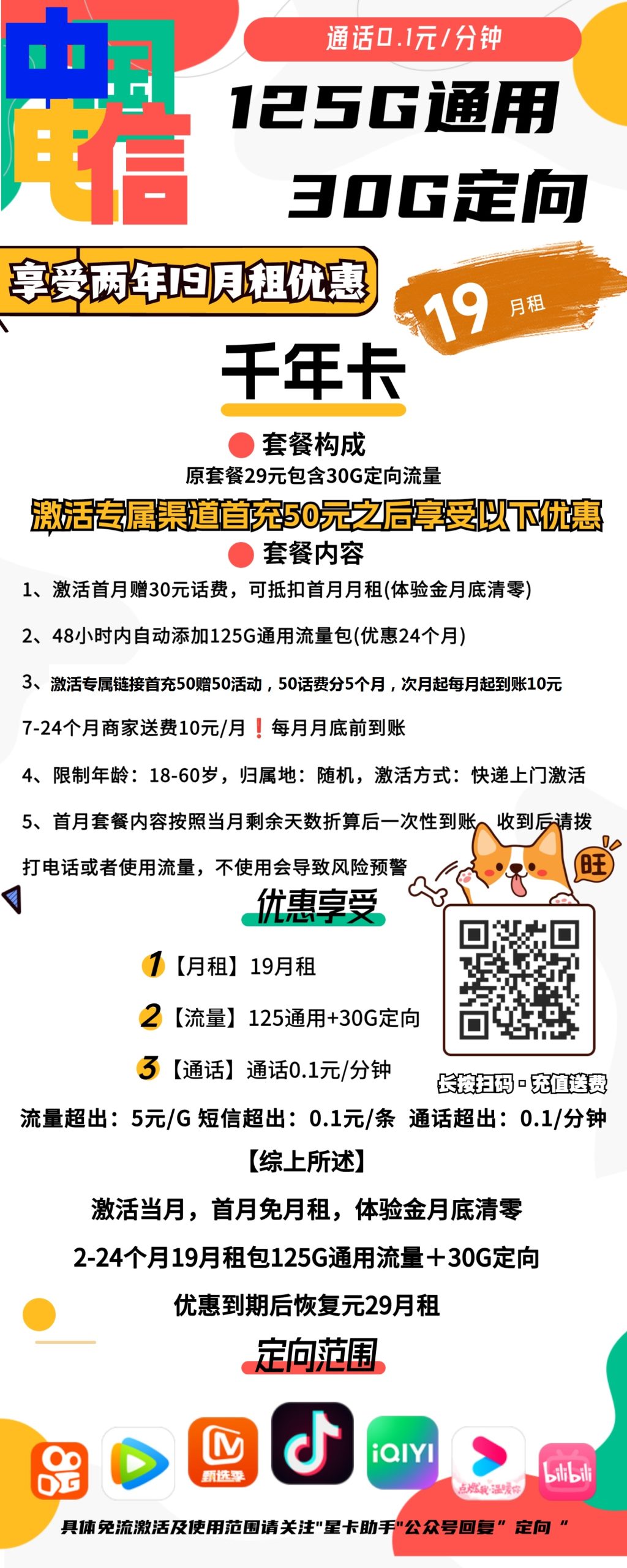  电信千年卡19元包125G通用+30G定向+通话0.1元/分钟